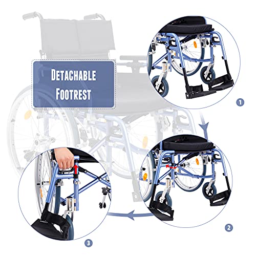 Medwarm Aluminum Multifuctional Manual Wheelchair with Flip Back Armrests, Swing Away Footrests and 24 Inch Rear Wheels, Blue by Medwarm