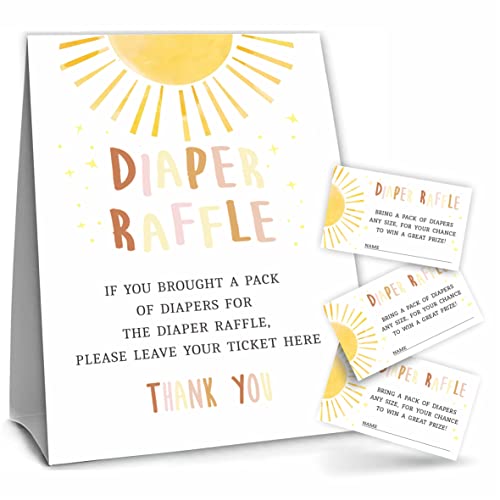YKYENR Watercolor Sunshine Baby Shower Party, Diaper Raffle Game Kitï¼1 Diaper Raffle Standing Sign & 50 Ticketsï¼Retro Boho Baby Shower Decorationsï¼Party Favor And Supplies-NBLK-A04 by YKYENR