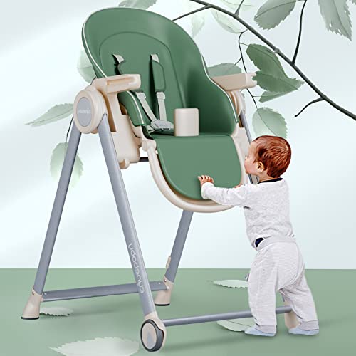 Baby High Chair for Babies and Toddlers Foldable Children's Feeding Chairs Adjustable Food Eating Seat Highchairs for Baby Girl Boy with Reclining Backrest and Footrest, Removable Tray (Green) by cynebaby