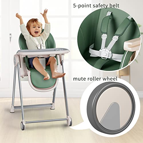Baby High Chair for Babies and Toddlers Foldable Children's Feeding Chairs Adjustable Food Eating Seat Highchairs for Baby Girl Boy with Reclining Backrest and Footrest, Removable Tray (Green) by cynebaby