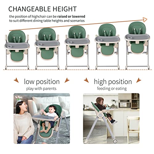 Baby High Chair for Babies and Toddlers Foldable Children's Feeding Chairs Adjustable Food Eating Seat Highchairs for Baby Girl Boy with Reclining Backrest and Footrest, Removable Tray (Green) by cynebaby