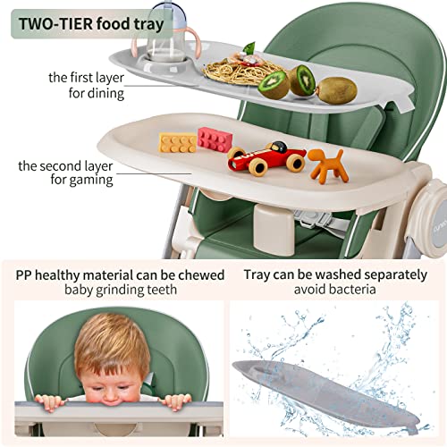 Baby High Chair for Babies and Toddlers Foldable Children's Feeding Chairs Adjustable Food Eating Seat Highchairs for Baby Girl Boy with Reclining Backrest and Footrest, Removable Tray (Green) by cynebaby