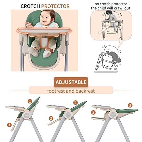 Baby High Chair for Babies and Toddlers Foldable Children's Feeding Chairs Adjustable Food Eating Seat Highchairs for Baby Girl Boy with Reclining Backrest and Footrest, Removable Tray (Green) by cynebaby