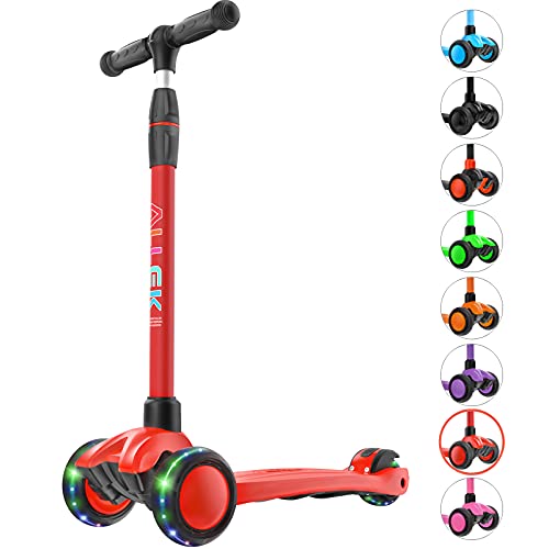 Allek Kick Scooter B03, Lean 'N Glide 3-Wheeled Push Scooter with Extra Wide PU Light-Up Wheels, Any Height Adjustable Handlebar and Strong Thick Deck for Children from 3-12yrs (Red) by Allek