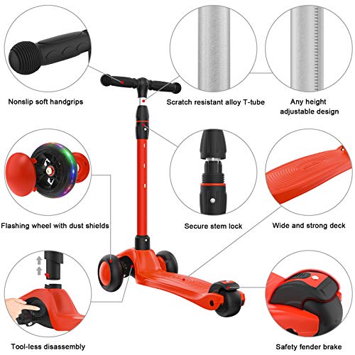 Allek Kick Scooter B03, Lean 'N Glide 3-Wheeled Push Scooter with Extra Wide PU Light-Up Wheels, Any Height Adjustable Handlebar and Strong Thick Deck for Children from 3-12yrs (Red) by Allek
