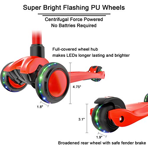 Allek Kick Scooter B03, Lean 'N Glide 3-Wheeled Push Scooter with Extra Wide PU Light-Up Wheels, Any Height Adjustable Handlebar and Strong Thick Deck for Children from 3-12yrs (Red) by Allek