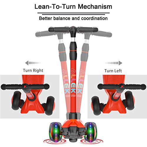 Allek Kick Scooter B03, Lean 'N Glide 3-Wheeled Push Scooter with Extra Wide PU Light-Up Wheels, Any Height Adjustable Handlebar and Strong Thick Deck for Children from 3-12yrs (Red) by Allek