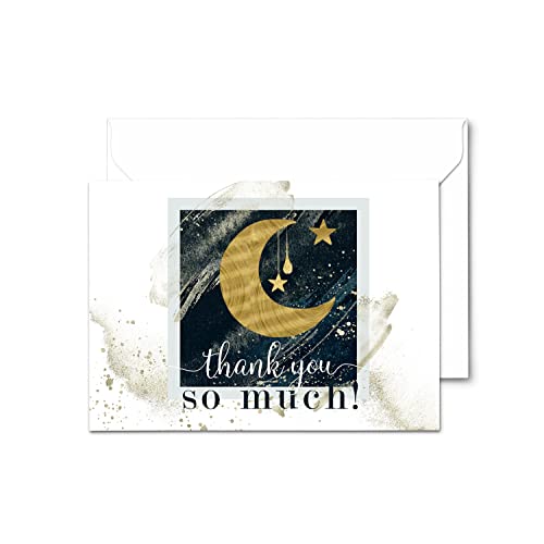 Star Moon Thank You Cards and Envelopes (25 Pack) â Thanking for Baby Shower â Wedding â Graduation â Everyday â Twinkle Cosmic Party Supplies â Blue Gold Folded Set by Paper Clever Party