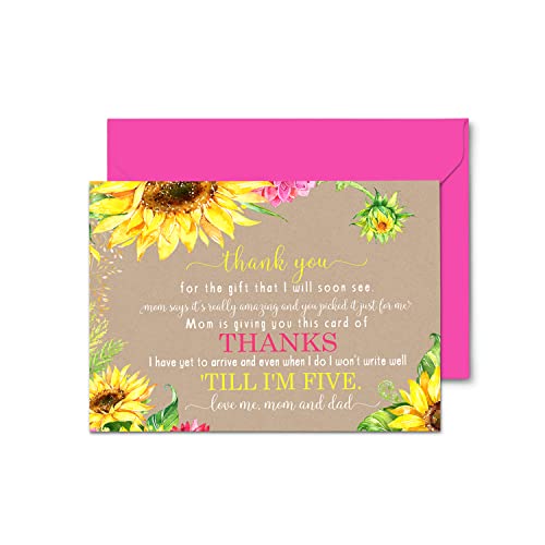 Sunflower Baby Shower Thank You Cards with Envelopes (15 Pack) Rustic, Country Fall Flower Supplies Yellow â Cute Thanks from Baby Girls - A6 Flat Stationery Set Printed (4 X 6 inches) by Paper Clever Party