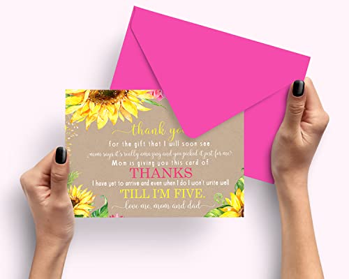 Sunflower Baby Shower Thank You Cards with Envelopes (15 Pack) Rustic, Country Fall Flower Supplies Yellow â Cute Thanks from Baby Girls - A6 Flat Stationery Set Printed (4 X 6 inches) by Paper Clever Party