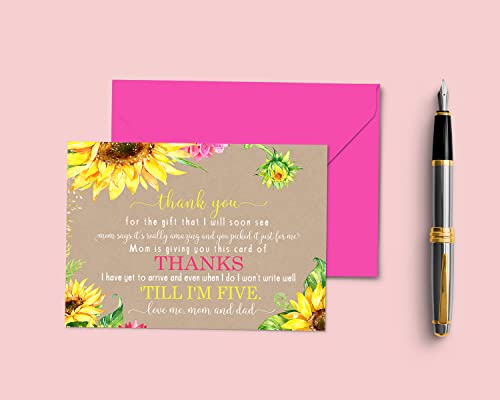 Sunflower Baby Shower Thank You Cards with Envelopes (15 Pack) Rustic, Country Fall Flower Supplies Yellow â Cute Thanks from Baby Girls - A6 Flat Stationery Set Printed (4 X 6 inches) by Paper Clever Party