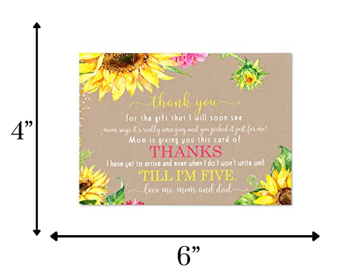Sunflower Baby Shower Thank You Cards with Envelopes (15 Pack) Rustic, Country Fall Flower Supplies Yellow â Cute Thanks from Baby Girls - A6 Flat Stationery Set Printed (4 X 6 inches) by Paper Clever Party