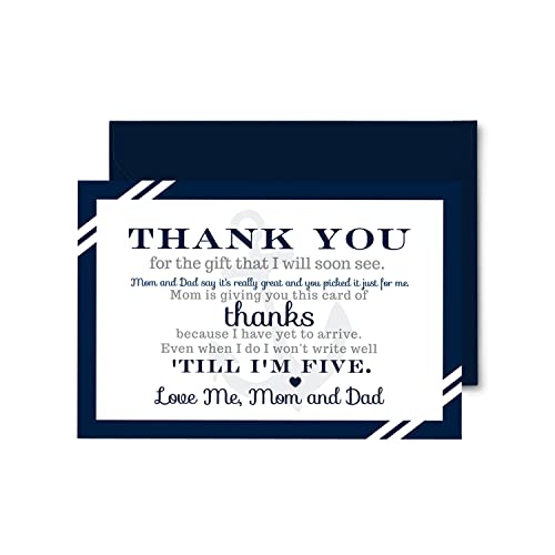 Nautical Baby Shower Thank You Cards with Envelopes (15 Pack) Ahoy Anchor Themed Supplies â Navy Blue â Thanks from Baby Boy â A6 Flat Stationery Set Printed (4 x 6 inches) by