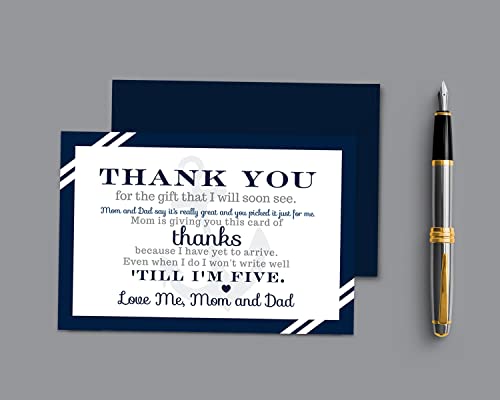 Nautical Baby Shower Thank You Cards with Envelopes (15 Pack) Ahoy Anchor Themed Supplies â Navy Blue â Thanks from Baby Boy â A6 Flat Stationery Set Printed (4 x 6 inches) by 