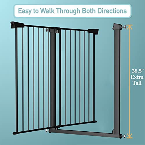 Stand 38.5" Extra Tall Dog Gate for The House - 65.35"-68.11" Wide Long Large Pressure Mounted Baby Gates with Door for Stairs Doorways - Walk Through Indoor Toddler Puppy Pet Safety Gate by Fairy Baby