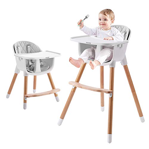 IKARE Wooden Natural Baby High Chair W/Removable Tray & Safety Harness, 3-in-1 Infant Highchair/Booster/Kid Chair | Grows with Your Child | Adjustable Legs | Modern Wood Design (Gray) by IKARE Baby