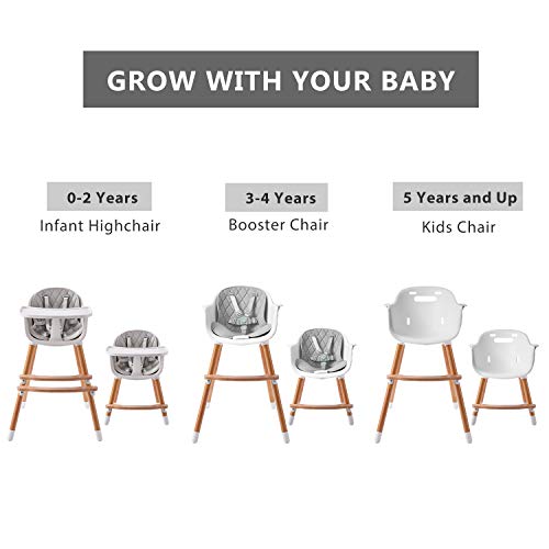 IKARE Wooden Natural Baby High Chair W/Removable Tray & Safety Harness, 3-in-1 Infant Highchair/Booster/Kid Chair | Grows with Your Child | Adjustable Legs | Modern Wood Design (Gray) by IKARE Baby