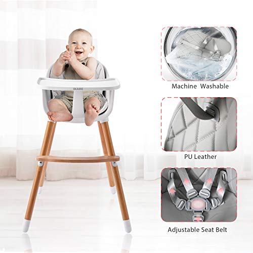 IKARE Wooden Natural Baby High Chair W/Removable Tray & Safety Harness, 3-in-1 Infant Highchair/Booster/Kid Chair | Grows with Your Child | Adjustable Legs | Modern Wood Design (Gray) by IKARE Baby