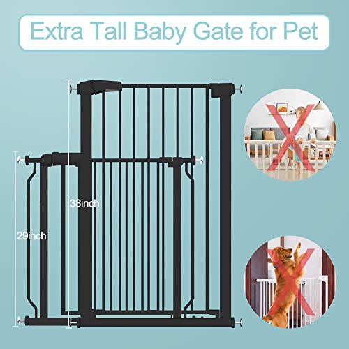 Stand 38.5" Extra Tall Dog Gate for The House - 65.35"-68.11" Wide Long Large Pressure Mounted Baby Gates with Door for Stairs Doorways - Walk Through Indoor Toddler Puppy Pet Safety Gate by Fairy Baby