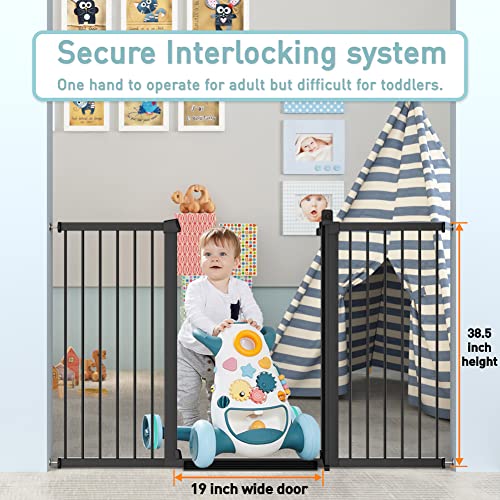 Stand 38.5" Extra Tall Dog Gate for The House - 65.35"-68.11" Wide Long Large Pressure Mounted Baby Gates with Door for Stairs Doorways - Walk Through Indoor Toddler Puppy Pet Safety Gate by Fairy Baby