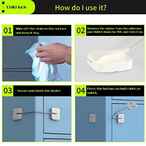 Child Safety Cabinet Lock 4 Pack, Maveek Baby Proof Refridgerator Button Lock Self Adhesive for Kids White, Safe Freezer Door Fridge Drawer Kitchen Oven Toilet Seat Keyless 8 Extra Stick Pads No Screw by maveek