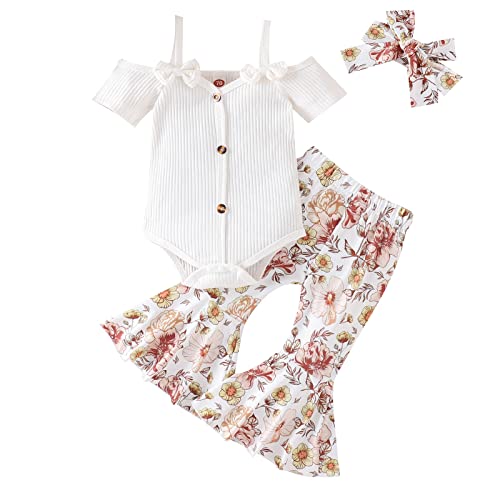 YOUNGER TREE Baby Girl Clothes Rib Cami Bowknot Romper Flared Bell Bottom Pants Leggings Headband Sets 3pc Infant Girl Spring Summ Outfits(White+flower,18-24 Months) by 