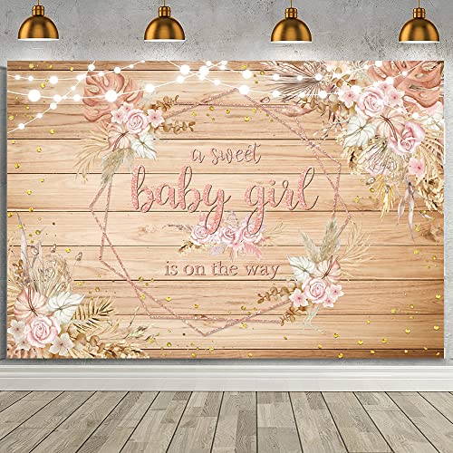 AIBIIN 7x5ft Rustic Wood Baby Shower Backdrop Boho A Sweet Baby Girl is On The Way Pink Pampas Grass Flowers Baby Shower Photography Background Boho Baby Shower Decorations for Girl Supplies Vinyl by AIBIIN
