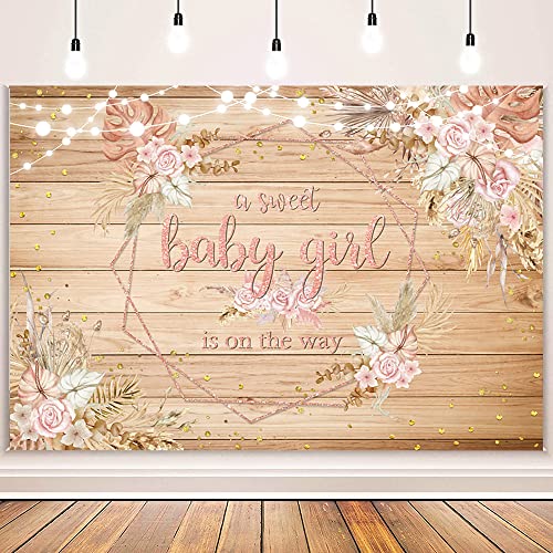 AIBIIN 7x5ft Rustic Wood Baby Shower Backdrop Boho A Sweet Baby Girl is On The Way Pink Pampas Grass Flowers Baby Shower Photography Background Boho Baby Shower Decorations for Girl Supplies Vinyl by AIBIIN