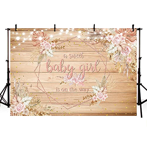 AIBIIN 7x5ft Rustic Wood Baby Shower Backdrop Boho A Sweet Baby Girl is On The Way Pink Pampas Grass Flowers Baby Shower Photography Background Boho Baby Shower Decorations for Girl Supplies Vinyl by AIBIIN