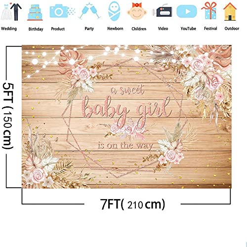 AIBIIN 7x5ft Rustic Wood Baby Shower Backdrop Boho A Sweet Baby Girl is On The Way Pink Pampas Grass Flowers Baby Shower Photography Background Boho Baby Shower Decorations for Girl Supplies Vinyl by AIBIIN