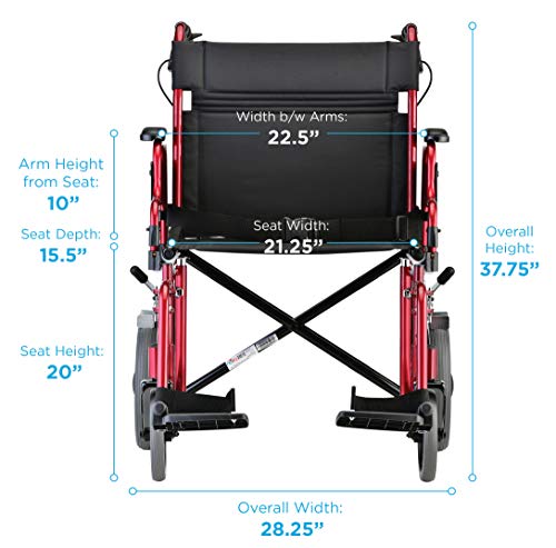 NOVA Heavy Duty Bariatric Transport Chair with 400 lb. Weight Capacity, 22â Extra-Wide Seat with Locking Hand Brakes, Flip Up Arms (for Easy Transfer), Anti-Tippers, 12â Rear Wheels, Color Red by NOVA Medical Products