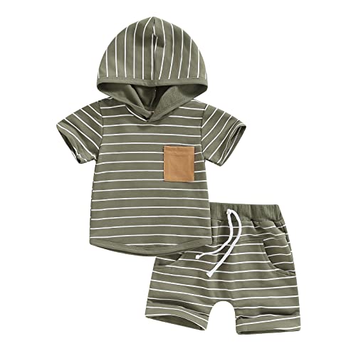 FunurHoome Summer Toddler Baby Boys Outfits Short Sleeve Hooded T Shirt Tops Drawstring Short Pants 2pcs Clothes Set (Army Green Stripe, 0-6 Months) by FunurHoome