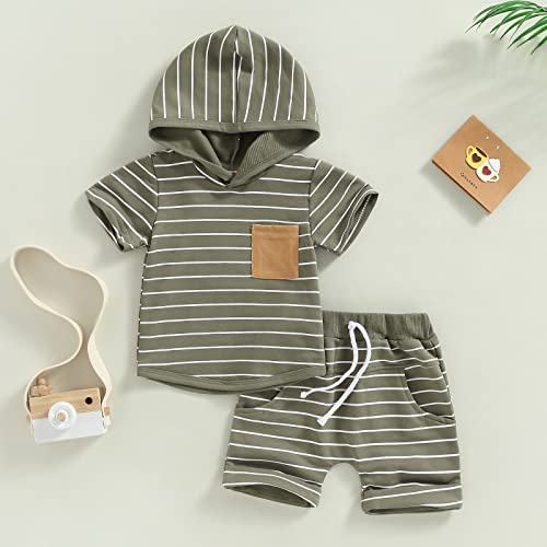 FunurHoome Summer Toddler Baby Boys Outfits Short Sleeve Hooded T Shirt Tops Drawstring Short Pants 2pcs Clothes Set (Army Green Stripe, 0-6 Months) by FunurHoome