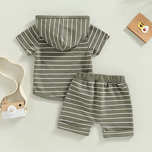 FunurHoome Summer Toddler Baby Boys Outfits Short Sleeve Hooded T Shirt Tops Drawstring Short Pants 2pcs Clothes Set (Army Green Stripe, 0-6 Months) by FunurHoome