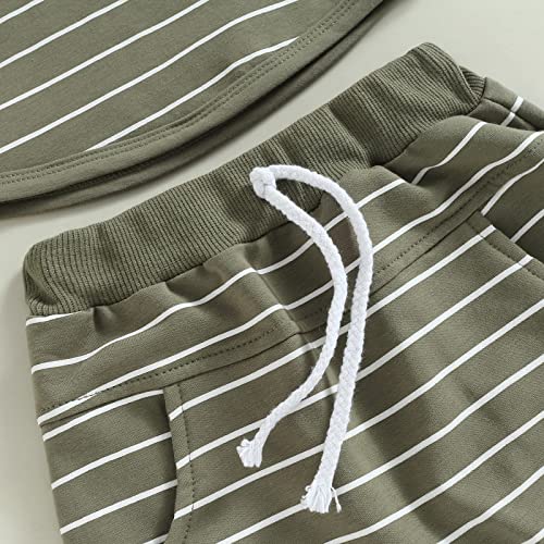 FunurHoome Summer Toddler Baby Boys Outfits Short Sleeve Hooded T Shirt Tops Drawstring Short Pants 2pcs Clothes Set (Army Green Stripe, 0-6 Months) by FunurHoome
