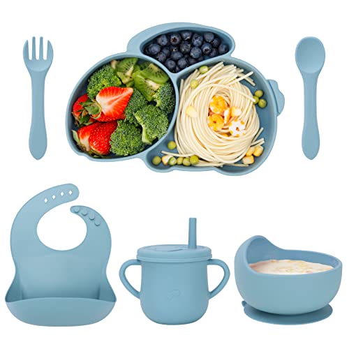 Puxdiauk Baby Led Weaning Supplies,6 Pcs Silicone Baby Feeding Set with Rabbit Suction Plates,Toddler Bowls Forks and Spoons Bib Cup,Sturdy and NO-BPA for Kid, Blue from Puxdiauk