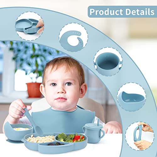 Puxdiauk Baby Led Weaning Supplies,6 Pcs Silicone Baby Feeding Set with Rabbit Suction Plates,Toddler Bowls Forks and Spoons Bib Cup,Sturdy and NO-BPA for Kid, Blue from Puxdiauk