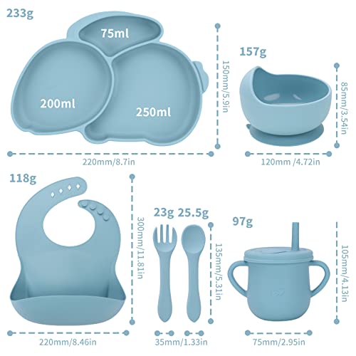 Puxdiauk Baby Led Weaning Supplies,6 Pcs Silicone Baby Feeding Set with Rabbit Suction Plates,Toddler Bowls Forks and Spoons Bib Cup,Sturdy and NO-BPA for Kid, Blue from Puxdiauk