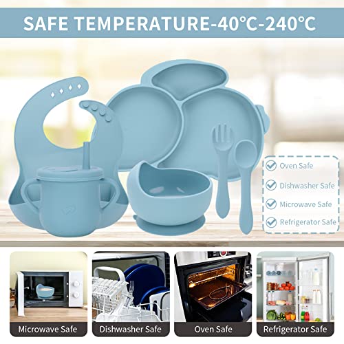 Puxdiauk Baby Led Weaning Supplies,6 Pcs Silicone Baby Feeding Set with Rabbit Suction Plates,Toddler Bowls Forks and Spoons Bib Cup,Sturdy and NO-BPA for Kid, Blue from Puxdiauk