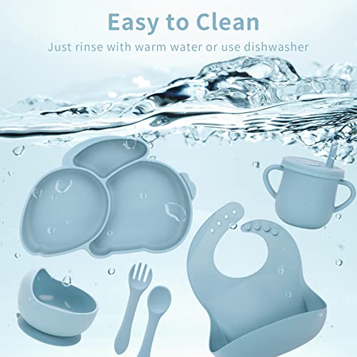 Puxdiauk Baby Led Weaning Supplies,6 Pcs Silicone Baby Feeding Set with Rabbit Suction Plates,Toddler Bowls Forks and Spoons Bib Cup,Sturdy and NO-BPA for Kid, Blue from Puxdiauk