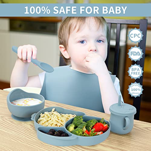Puxdiauk Baby Led Weaning Supplies,6 Pcs Silicone Baby Feeding Set with Rabbit Suction Plates,Toddler Bowls Forks and Spoons Bib Cup,Sturdy and NO-BPA for Kid, Blue from Puxdiauk