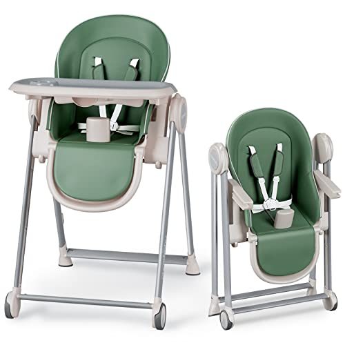 Baby High Chair for Babies and Toddlers Foldable Children's Feeding Chairs Adjustable Food Eating Seat Highchairs for Baby Girl Boy with Reclining Backrest and Footrest, Removable Tray (Green) by cynebaby