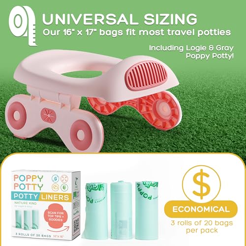 Potty Chair Liners Universal Fit Biodegradable - 60 Count Potty Bags- Fits Most Portable Potties - Bags are 16"x17"- Multi-Pack - Disposable - Soft Touch, Leak-Proof, Compostable - 3xRolls of 20 Each by Logie & Gray