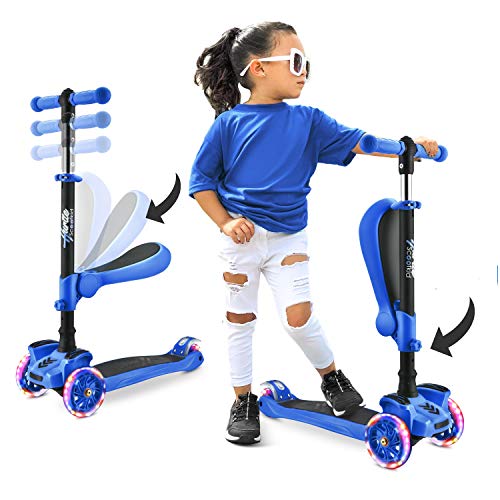 Hurtle 3-Wheeled Scooter for Kids - Wheel LED Lights, Adjustable Lean-to-Steer Handlebar, and Foldable Seat - Sit or Stand Ride with Brake for Boys and Girls Ages 1-14 Years Old - Blue from Hurtle
