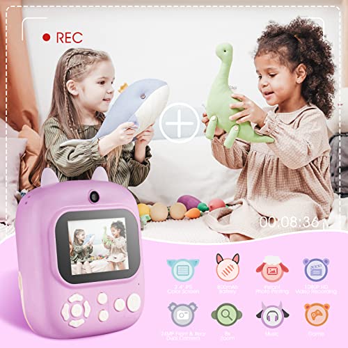 Instant Print Camera Toys for Toddlers Age 3-8,Boys and Girls Birthday Gifts with 1080P 2.4 Inch IPS Screen HD Video Recording,Kids Selfie Digital Camera Electronic Travel Game-Purple by Shirstar
