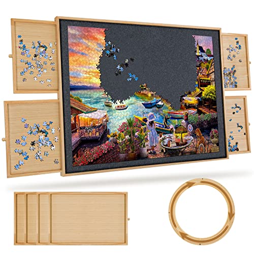 1500 Piece Rotating Jigsaw Felt Puzzle Board with 4 Drawers & Cover, 34.2â X 26" Wooden Felt Puzzle Table, Spining Lazy Susan Design for Adults and Kids Portable Board from TEAKMAMA