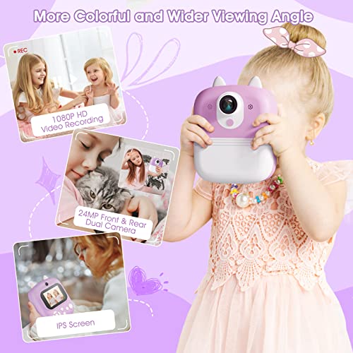 Instant Print Camera Toys for Toddlers Age 3-8,Boys and Girls Birthday Gifts with 1080P 2.4 Inch IPS Screen HD Video Recording,Kids Selfie Digital Camera Electronic Travel Game-Purple by Shirstar