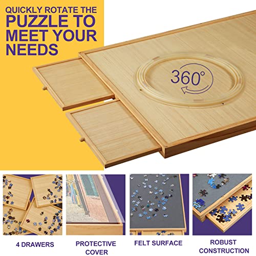 1500 Piece Rotating Jigsaw Felt Puzzle Board with 4 Drawers & Cover, 34.2â X 26" Wooden Felt Puzzle Table, Spining Lazy Susan Design for Adults and Kids Portable Board from TEAKMAMA