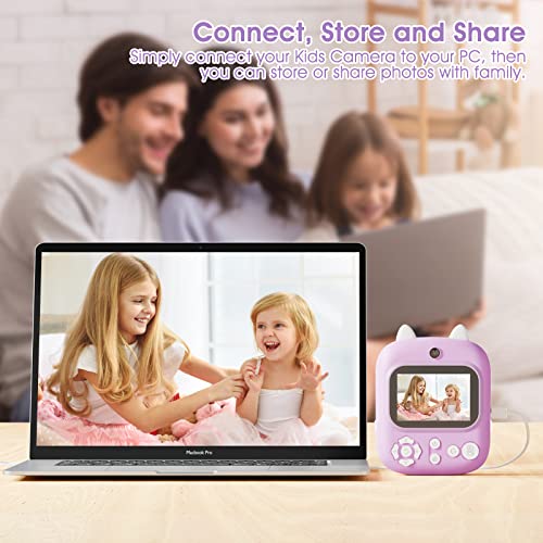 Instant Print Camera Toys for Toddlers Age 3-8,Boys and Girls Birthday Gifts with 1080P 2.4 Inch IPS Screen HD Video Recording,Kids Selfie Digital Camera Electronic Travel Game-Purple by Shirstar