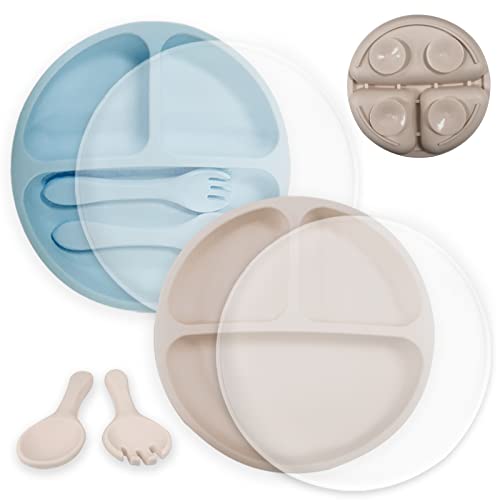 Suction Plates for Babies & Toddlers (Set of 2) | Fork, Spoon with Cover Cap Lid | 100% Silicone | Plates Stay Put with Suction Feature | Divided Design | Microwave & Dishwasher Safe (Blue& Off White) by Auzeuner